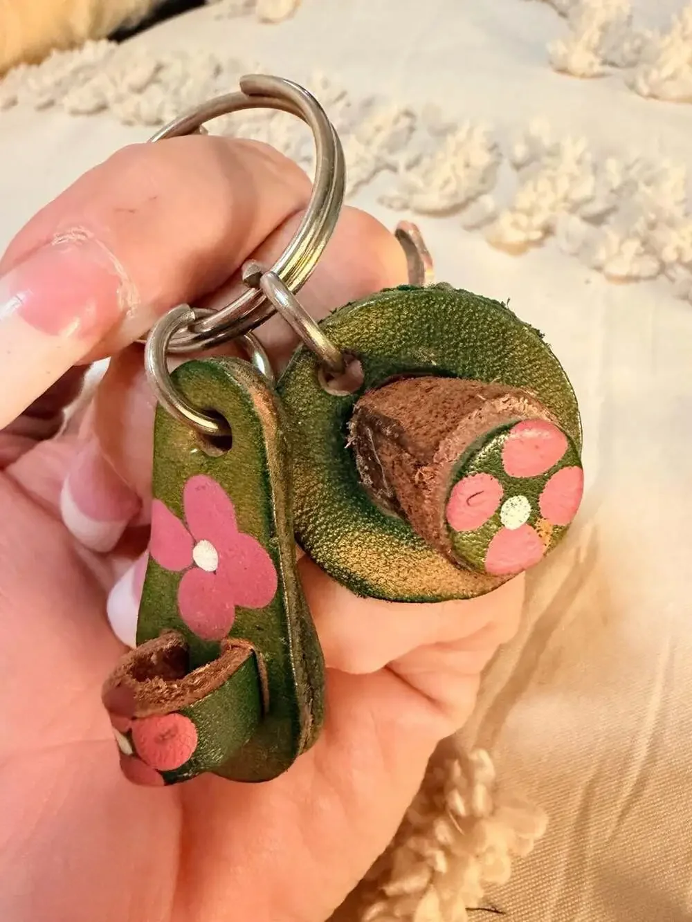 Vintage Handmade Leather Flower Sandal And Hat Mexico Souvenir Keychain